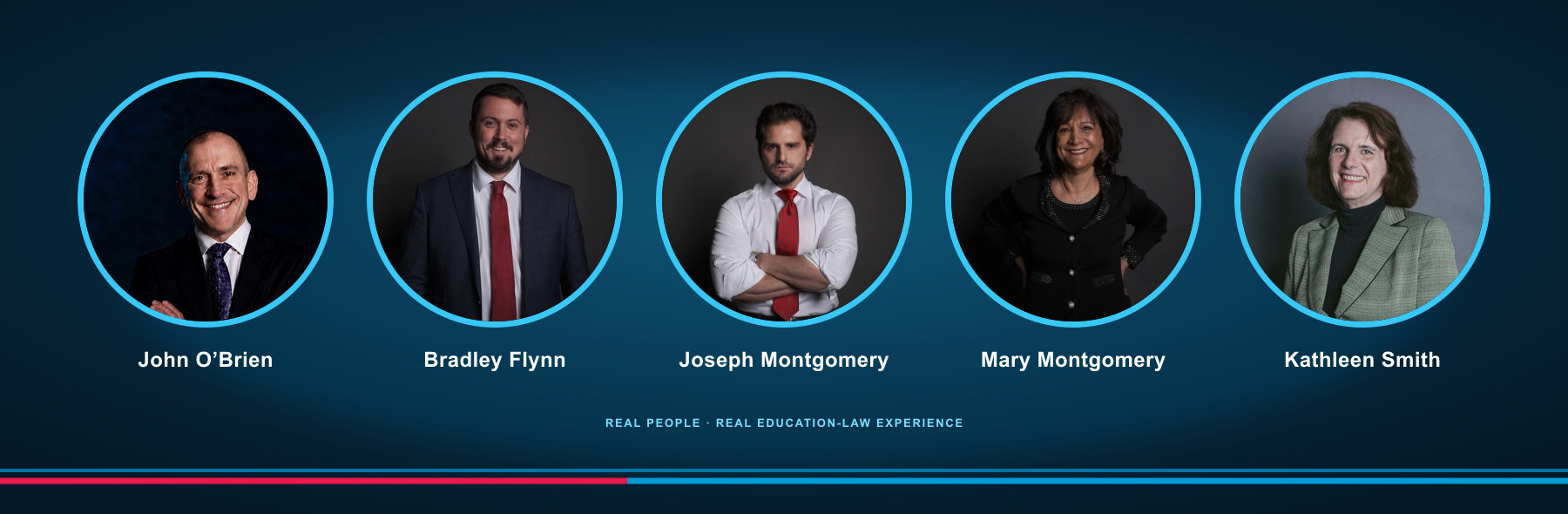 The five current members of the Montgomery Law education-law team, shown in their natural photographs